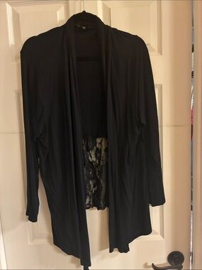 Suzie In The City Black Open Front Cardigan with Lace Back